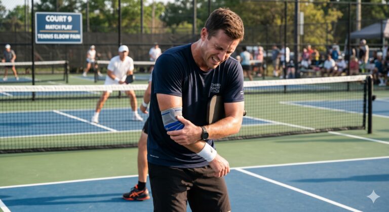 Pickleball player holding their arm experiencing pickleball tennis elbow on an outdoor court.